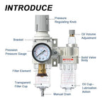 AIRZOE 1/4" NPT Compressed Air Filter Regulator Lubricator Combo, Air Compressor Water Separator AC2010-02,5 Micron Brass Element Semi-Auto Drain,0-145 psi Gauge