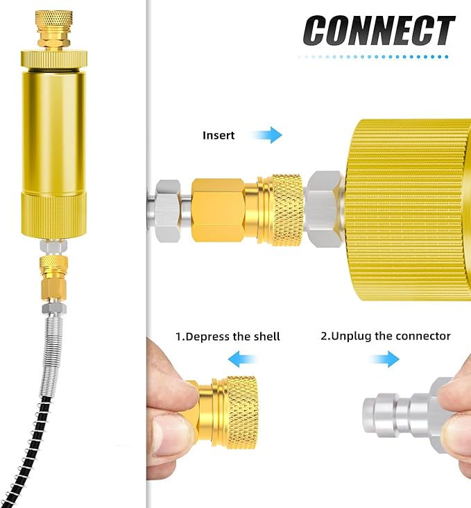 MEANLIN MEASURE 30Mpa Water-Oil Separator With 20 inch Spring Flexible Hose and 8MM & M10 Fast Connecting Internal Thread Mother Head For High Pressure Air Compressor Pump Yellow