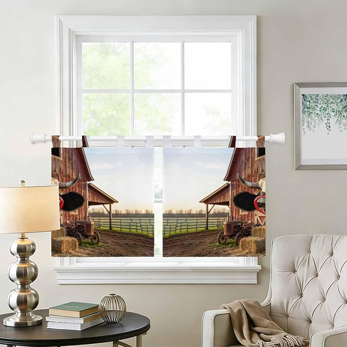 Farm Cows Kitchen Curtains 24 Inch Length, Small Window Curtains Tab Top, Farmhouse Barn Funny Animals Butterfly Light Filtering Short Window Treatments Tier Drapes 27.5"x24" 2 Panel
