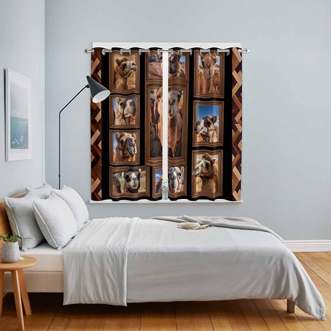 2 Panel Kitchen Cafe Curtains, Desert Camels Sunlight Filtering Nature Air Through, Home Decor Window Covering Tier Curtains for Living Room 104W x 84L inch Brown Wildlife Farmhouse Animals Rustic