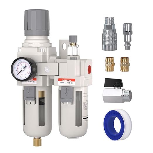 AIRZOE 1/2" NPT Compressed Air Filter Regulator Lubricator Combo, Air Compressor Water Separator AC4010-04,5 Micron Brass Element Semi-Auto Drain,0-145 psi Gauge
