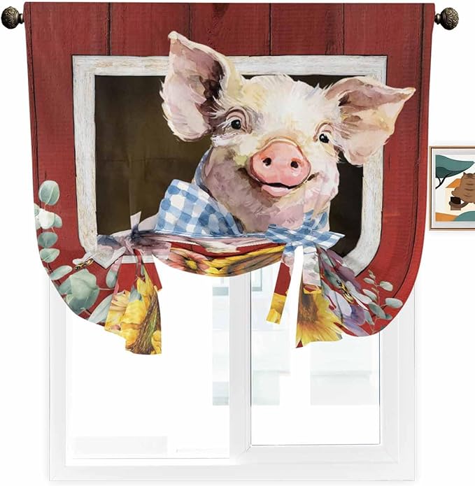 Tie Up Curtains for Windows, Pig Sunflowers Adjustable Balloon Nature Linen Textured Kitchen Curtain, Eucalyptus Leaves Floral Bees Red Barn Blackout Curtains for Living Room, 46 x 63 Inches