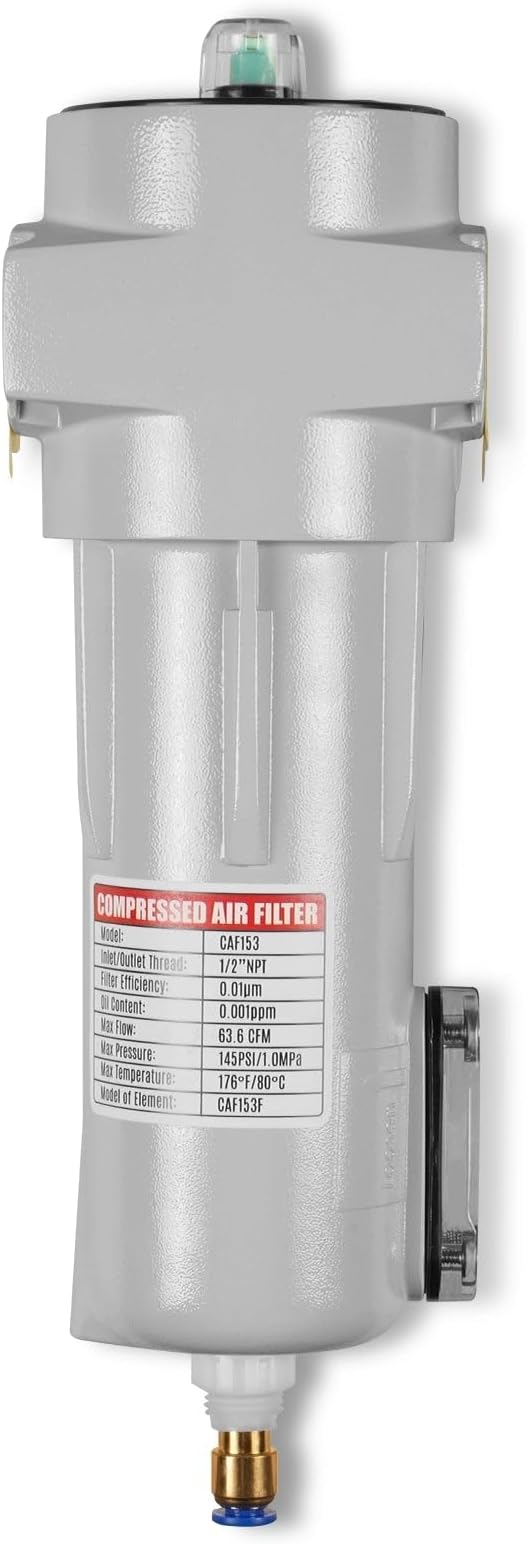 63 CFM Compressed Air Oil-Water Separator Precision Filter,0.01μm,Oil Content 0.001ppm, With Auto Drain, Pressure Indicator,Recommended for use with M15AC230,Model CAF153