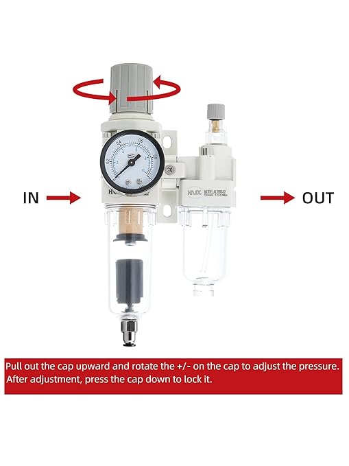 1/4" PT Compressed Air Filter Regulator Lubricator Combo Water/Oil Trap Separator Air Filter Pressure Regulator Automatic Drainage AC2010-02D (1/4" NPT, Automatic Drainage)