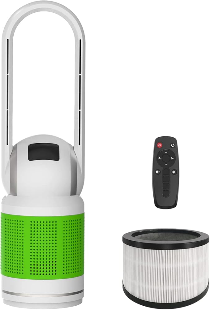 Bladeless Tower Fan and Air Purifier in One 32-Inch, HEPA-filter, 8-Speed, Oscillating, Remote Control, 8H Sleep Timer, White(MT1005)
