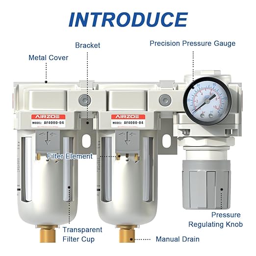 AIRZOE 1/2" NPT Air Dryer for Compressor-Air Compressor Water Separator A4110-04,Double Air Compressor Filter,Air Pressure Regulator Combo,5 Micron Brass Element,Semi-Auto Drain,0-145 psi Gauge