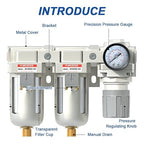 AIRZOE 1/2" NPT Air Dryer for Compressor-Air Compressor Water Separator A4110-04,Double Air Compressor Filter,Air Pressure Regulator Combo,5 Micron Brass Element,Semi-Auto Drain,0-145 psi Gauge