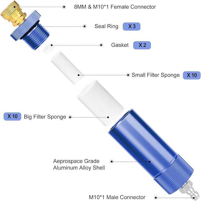 MEANLIN MEASURE 30Mpa Water-Oil Separator With 20 inch Spring Flexible Hose and 8MM & M10 Fast Connecting Internal Thread Mother Head For High Pressure Air Compressor Pump Blue