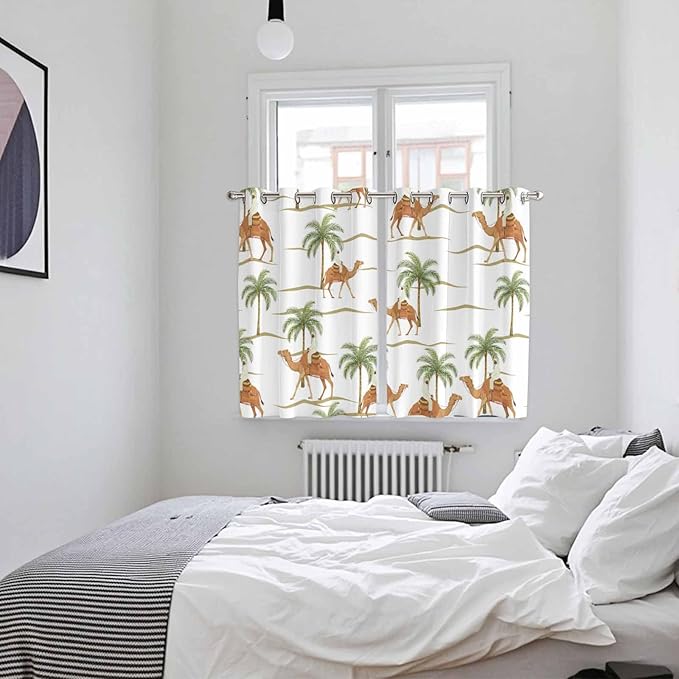 2 Panel Kitchen Cafe Curtains, Desert Camels Sunlight Filtering Nature Air Through, Home Decor Window Covering Tier Curtains for Bedroom Living Room 104W x 63L inch Tropical Date Palm Trees Animal