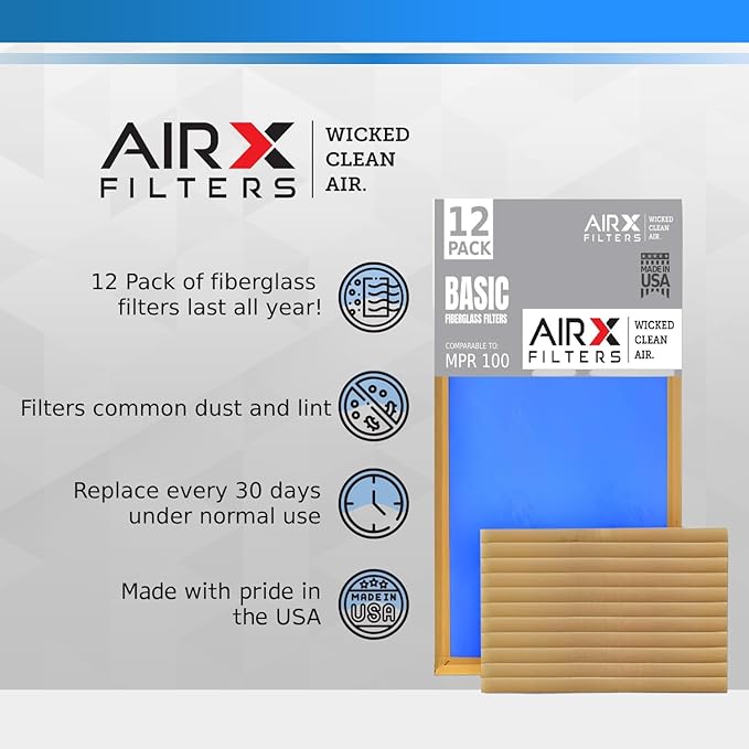 16x16x1 Air Filter Comparable to MPR 100 Basic Economy Furnace Filters, 12 Pack of Non Pleated Fiberglass Filter For Dust - Low Airflow Restriction! From AIRX FILTERS WICKED CLEAN AIR.