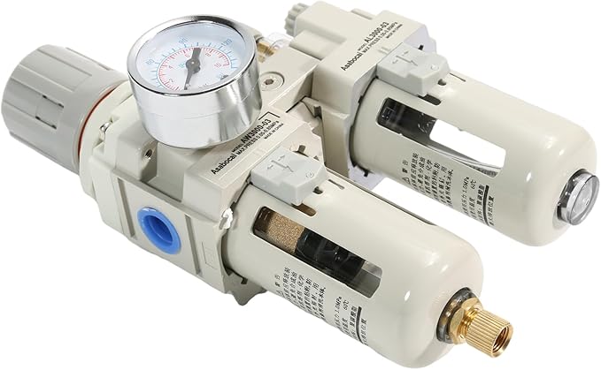 3/8" NPT Compressed Air Filter Regulator Lubricator Combo, Water/Oil Trap Separator with Pressure Gauge（0-150 PSI）, 5 Micron Brass Element, Manual Drain, Metal Bracket，3 in 1 FRL