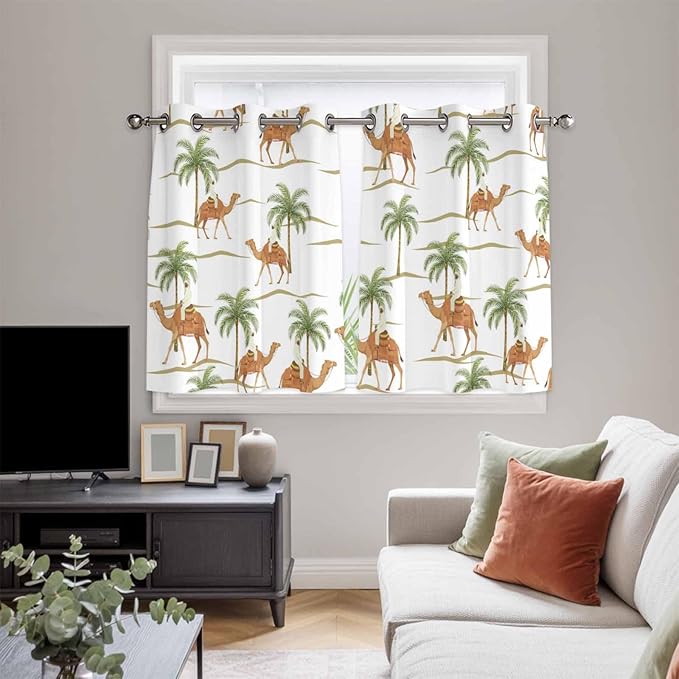 2 Panel Kitchen Cafe Curtains, Desert Camels Sunlight Filtering Nature Air Through, Home Decor Window Covering Tier Curtains for Bedroom Living Room Tropical Date Palm Trees Animal