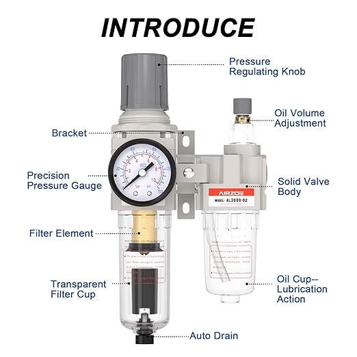 1/4" NPT Compressed Air Filter Regulator Lubricator Combo, Air Compressor Water Separator AC2010-02,5 Micron Brass Element Auto Drain,0-145 psi Gauge