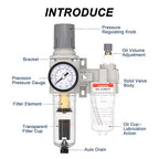 1/4" NPT Compressed Air Filter Regulator Lubricator Combo, Air Compressor Water Separator AC2010-02,5 Micron Brass Element Auto Drain,0-145 psi Gauge