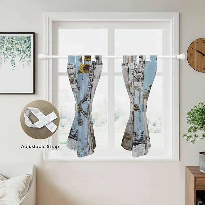 Blue Grey Wooden Kitchen Curtains 45 Inch Length, Short Cafe Window Curtains Tab Top, Farmhouse Barn Sunflowers Retro Light Filtering Window Treatments Tier Drapes 27.5"x45" 2 Panel