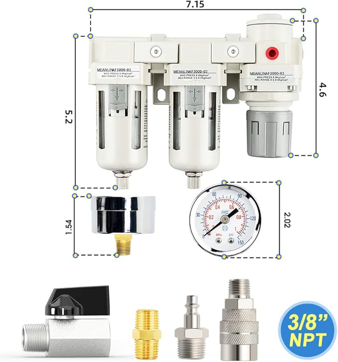 MEANLIN 3/8" NPT 3 in 1 Air Drying System Particulate Air Filter, Air Pressure Regulator Combo, with 150 PSI Gauge and Valve Shut Off Switch for Air Compressor and Pneumatic Tools