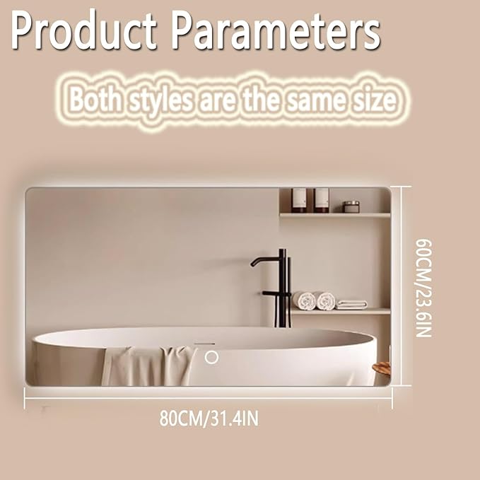 Backlit LED Illuminated Bathroom Mirror with LED Lights, Lighted Bathroom Makeup Wall Mounted Mirror with Demister Pad, Sensor Touch Switch, Horizontal/Vertical(A,H60*W80CM/H23.6*W31.4IN)