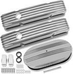 Tall Valve Covers For SBC 283 305 327 350 400 1958-1986 and 15" Oval Air Cleaner Partial Finned Polished