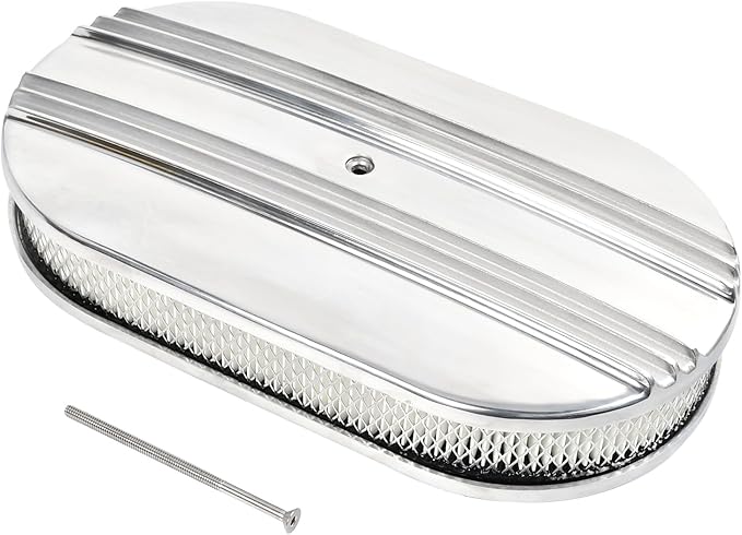 15" Polished Aluminum Air Cleaner Assembly Kit Alloy Oval Partial Half Finned with Element