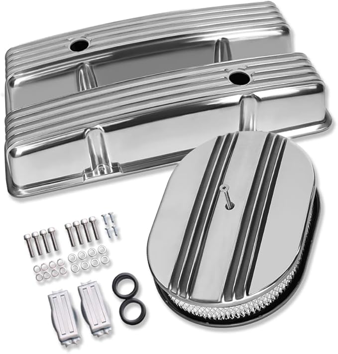 Tall Valve Covers For SBC 283 305 327 350 400 1958-1986 and 12" Oval Air Cleaner Partial Finned Polished