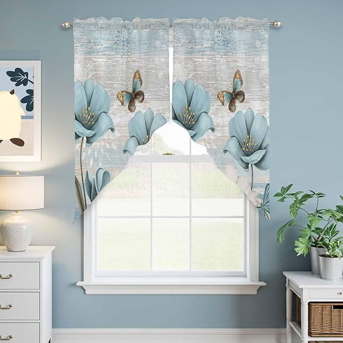 Spring Floral Swag Valances for Windows, Vintage Tulips Flower Butterfly Retro Wood Blue Rod Pocket Kitchen Curtains Valance, Small Window Curtains Swag for Cafe Living Room, 2 Panels, 28x36 inch