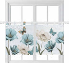 Blue Tulips Kitchen Curtains 36 Inch Length, Small Window Curtains Tab Top, Watercolor Flowers Butterfly Spring Farmhouse Blue Light Filtering Short Window Treatments Tier Drapes 27.5"x36" 2 Panel