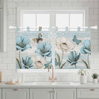 Spring Floral Kitchen Curtains 24 Inch Length, Small Window Curtains Tab Top, Vintage Tulips Flower Butterfly Retro Wood Blue Light Filtering Short Window Treatments Tier Drapes 27.5"x24" 2 Panel