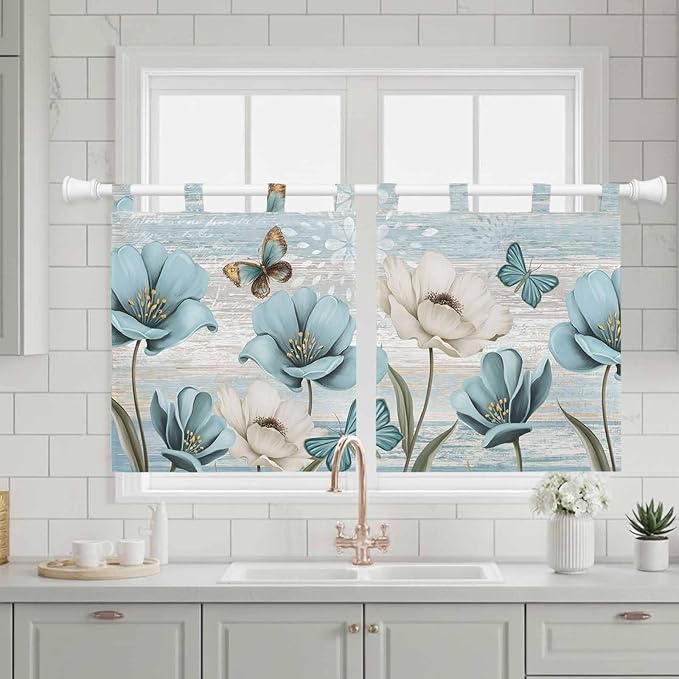 Spring Floral Kitchen Curtains 36 Inch Length, Small Window Curtains Tab Top, Vintage Tulips Flower Butterfly Retro Wood Blue Light Filtering Short Window Treatments Tier Drapes 27.5"x36" 2 Panel
