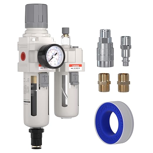 3/8" NPT Compressed Air Filter Regulator Lubricator Combo, Air Compressor Water Separator AC3010-03,5 Micron Brass Element Auto Drain,0-145 psi Gauge