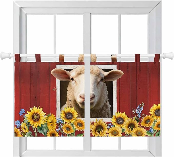 Sheep Sunflower Kitchen Curtains 36 Inch Length, Small Window Curtains Tab Top, Country Red Farm Barn Spring Flowers Light Filtering Short Window Treatments Tier Drapes 27.5"x36" 2 Panel