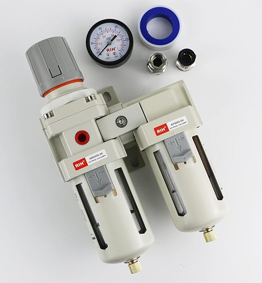 RIH Air Dryer System - 1/2" NPT Double Air Filters-5 Micron Particulate Filter& Air Pressure Regulator - Gauge(0-150 psi), Semi-Auto Drain, Poly Bowl,Bracket - 3 in 1 Two Unit (1/2" NPT)