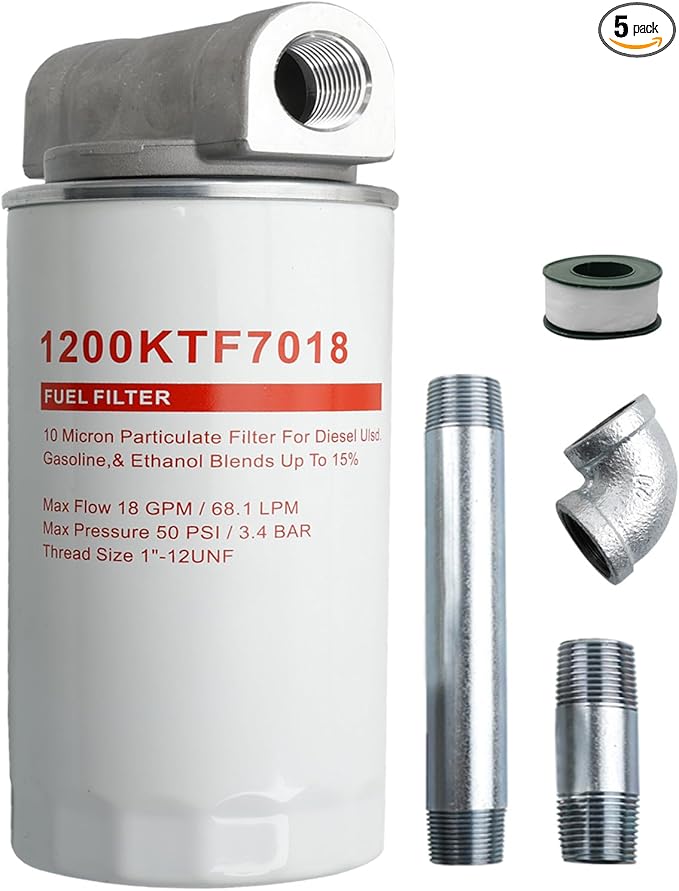 1200KTF7018 Fuel Filter Spin-On Particulate Replacement for Transfer Pumps FR112 FR1210G FR610G,18 GPM Flow Rate,50 PSI- Includes 1200KTG9075 Filter Head, 3/4" ST Elbow, and 3/4" x 7" Nipple