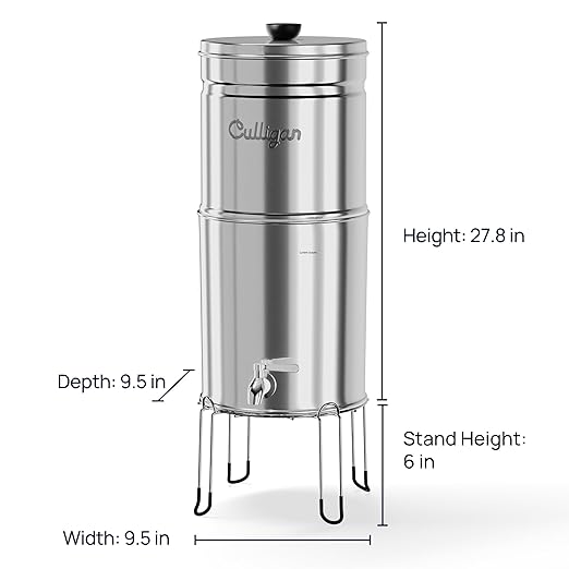 Culligan MaxClear 3 Gallon Gravity Water Filter System, Polished Stainless-Steel Countertop Water Filter NSF/ANSI Certified to Reduce Microplastics, Lead & Total PFAS, with 6 Ceramic Filters
