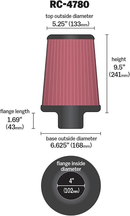 K&N High-Flow Original Lifetime Universal Clamp-On Air Filter: Performance, Premium, Washable: Flange Diameter: 4 In, Filter Height: 9.5 In, Flange Length: 1.6875 In, Shape: Round Tapered, RC-4780