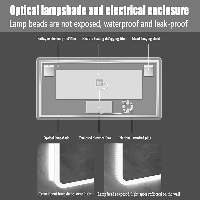 Backlit LED Illuminated Bathroom Mirror with LED Lights, Lighted Bathroom Makeup Wall Mounted Mirror with Demister Pad, Sensor Touch Switch, Horizontal/Vertical(H70*W100CM/H27.5*W39.3IN)