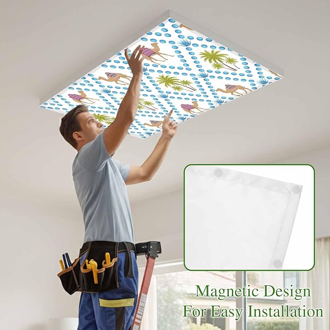 1 Pack Fluorescent Light Cover, Camels Palm Trees Light Covers for Ceiling Lights, Tropical Desert Animal Plants Polka Dot Magnetic Lights Filters Ceiling Shade for Classroom/Office - 4 x 2 Feet