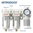 AIRZOE 3/8" NPT Air Dryer for Compressor-Air Compressor Water Separator AC3110-03,Double Air Compressor Filter,Air Pressure Regulator Combo,5 Micron Brass Element,Semi-Auto Drain,0-145 psi Gauge