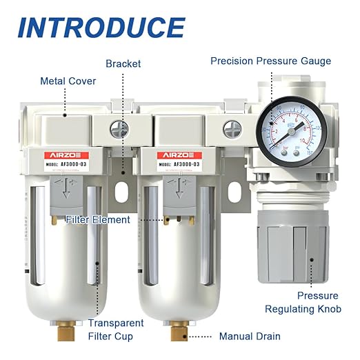 AIRZOE 3/8" NPT Air Dryer for Compressor-Air Compressor Water Separator AC3110-03,Double Air Compressor Filter,Air Pressure Regulator Combo,5 Micron Brass Element,Semi-Auto Drain,0-145 psi Gauge
