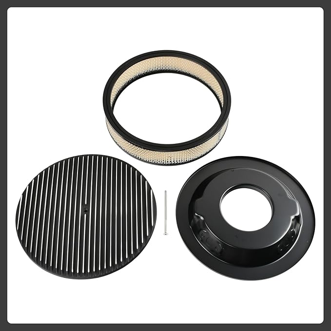 14 x 3 Inch Round Black Air Cleaner Kit Fully Finned Top with Flat Style Base Compatible with Chevy Ford GM