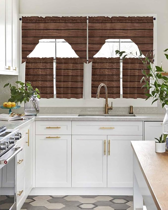 Brown Wooden Board Swag Kitchen Curtains Valance and Tier Set, Vintage Wood Grain Farmhouse Barn Themes Light-Filtering Swag Valance 24 Inch Length, Rod Pocket Short Curtain for Bedroom Cafe
