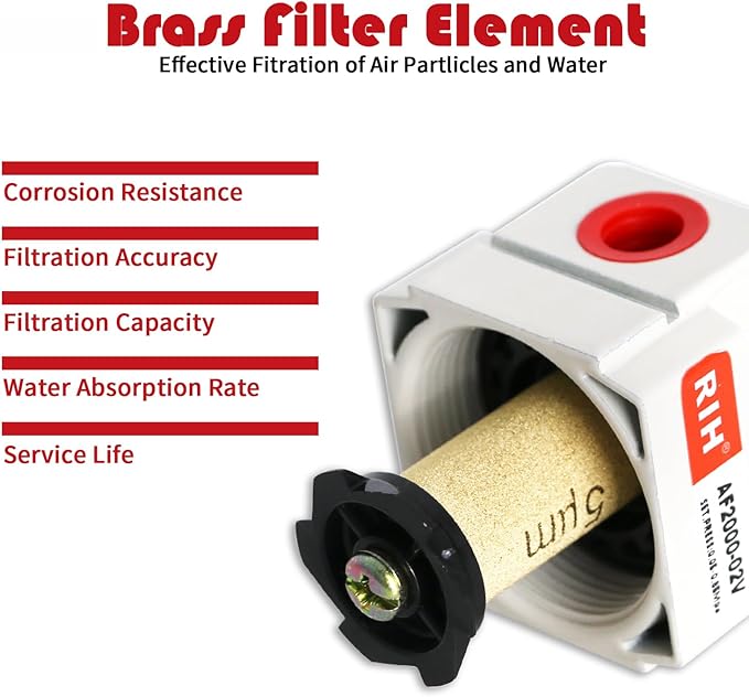 RIH 1/4" NPT Air Dryer for Compressor, Air compressor water separator,air compressor filter,AF2000-02 Manual Drain,5 Micron Brass Element, Poly Bowl 0-150 psi 5μm