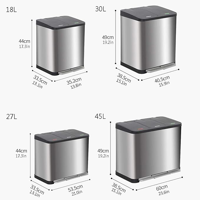 Trash Can Kitchen Large Capacity Foot-Operated Trash Can Double Three Bin Garbage Sorting Garbage Can Rectangular Trash Can with Lid, Brushed Stainless Steel Wastebasket for Office (Silver 30l)