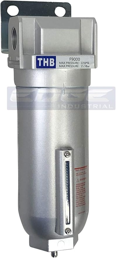 HEAVY DUTY INDUSTRIAL RATED HIGH FLOW PARTICULATE FILTER, IN-LINE WATER TRAP FOR COMPRESSED AIR LINE SYSTEMS, 5 MICRON WITH METAL BOWL (1/2" NPT, 11oz)