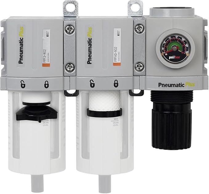 PneumaticPlus PPC3C-N03G 3-Stage Compressed Air Dryer System – 3/8" NPT, Particulate & Coalescing Filter, Regulator Combo – Poly Bowl, Manual Drain, Clean Dry Compressed Air