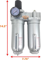 1" NPT SUPER DUTY Compressed Air In Line Filter Regulator Lubricator Oiler Combo Piggyback, Metal Bowl, 5 Micron Element, Adjustable From 7 to 215 PSI (MANUAL DRAIN)