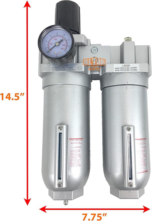 1" NPT SUPER DUTY Compressed Air In Line Filter Regulator Lubricator Oiler Combo Piggyback, Metal Bowl, 5 Micron Element, Adjustable From 7 to 215 PSI (MANUAL DRAIN)