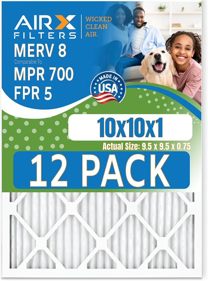 10x10x1 Air Filter MERV 8 Rating, 12 Pack of Furnace Filters Comparable to MPR 700 & FPR 5 - Made in USA by AIRX FILTERS WICKED CLEAN AIR.