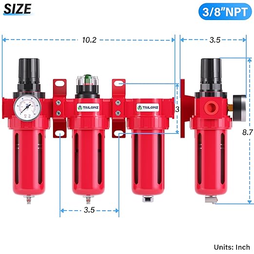 TAILONZ PNEUMATIC 0-150PSI 3/8 Inch NPT Aluminum Alloy Industrial Grade Three Stage Air Drying System, Particulate Filter, Coalescing Filter, Desiccant Dryer and Air Regulator (Manual Drainage)