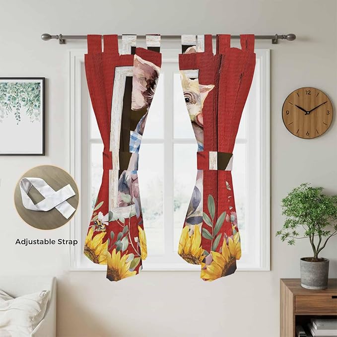 Pig Sunflowers Living Room Curtains 84 Inch Length, Window Curtains Tab Top, Eucalyptus Leaves Floral Bees Red Barn Light Filtering Window Treatments Drapes 42"x84" 2 Panel
