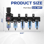 NEWPO 1/4'' NPT 5 Stage Air Dryer for Compressor,Air Compressor Water Separator System with 5＆0.01 Micron Filter Cartridge,Triple Desiccant Dryer Air Drying System, Metal Bowl Semi-Auto Drain (Black)